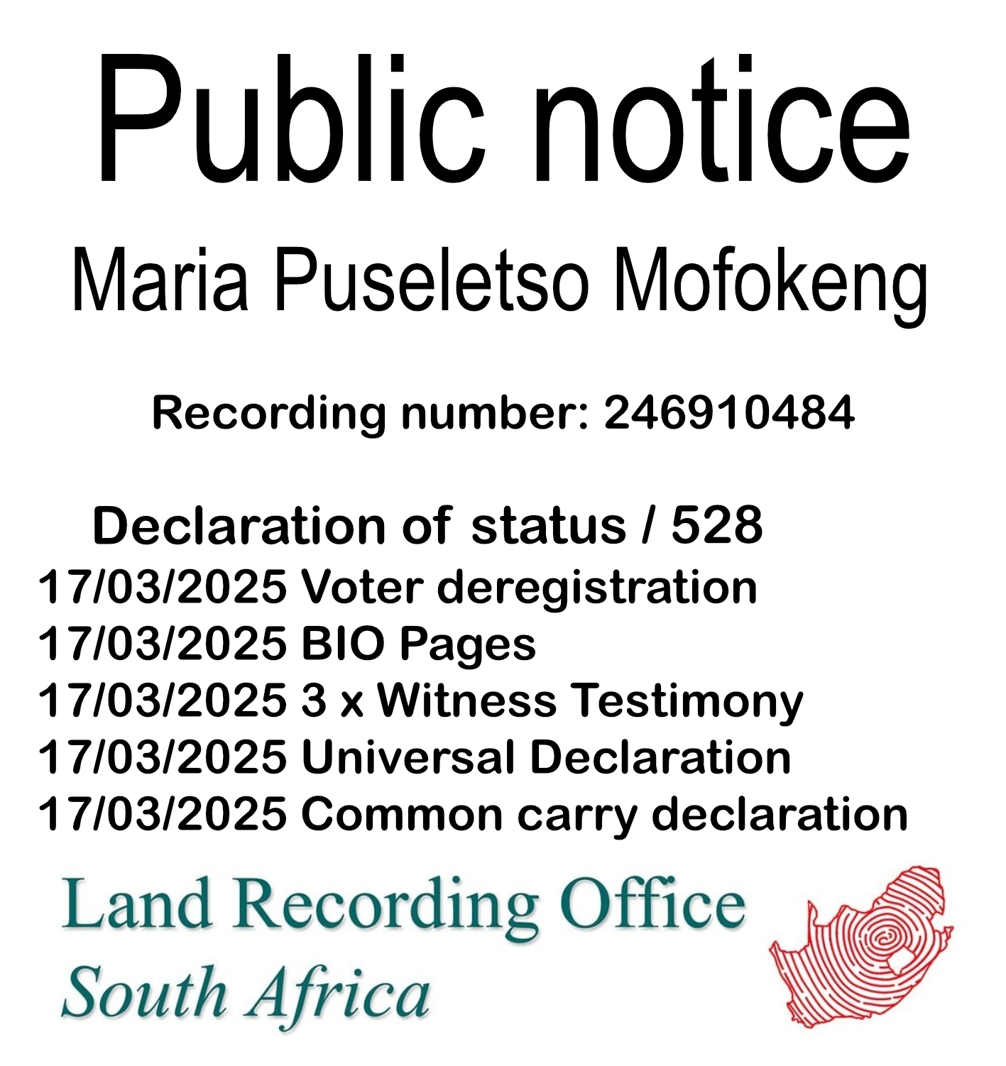 Public Notice Maria Puseletso Mofokeng (c) Recording number 246910484